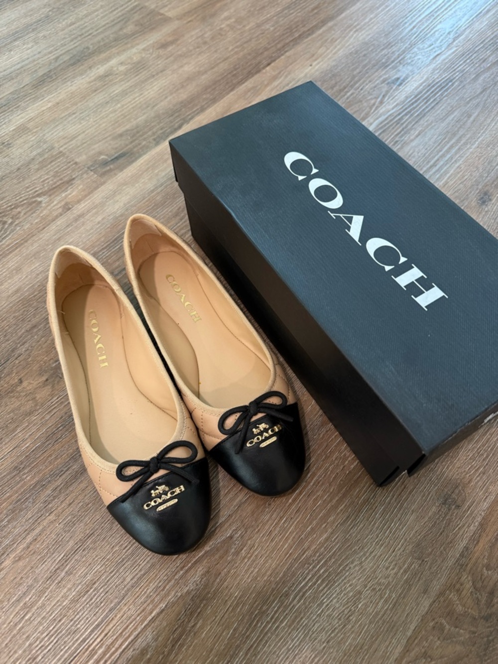 Allyson Coach Two-Tone Leather Ballet Flats in Beige and Black